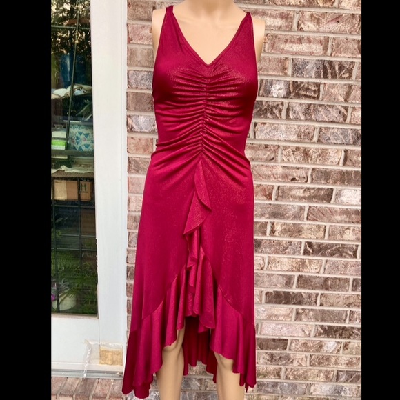 Y2K Red Burgundy Gold Sparkle Stretchy Salsa Ruffle Dress - Picture 5 of 7